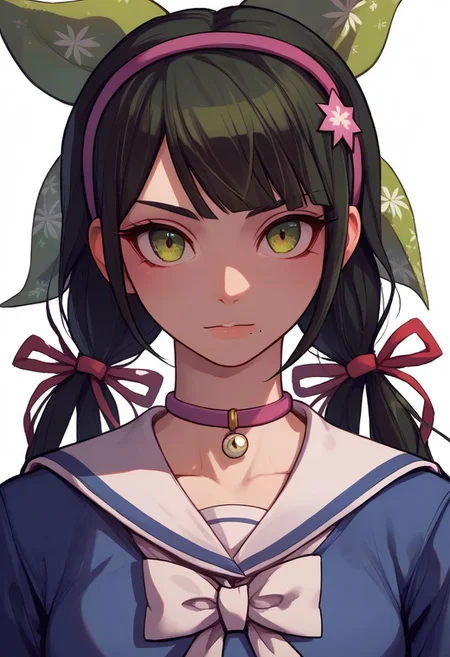 score_9, score_8_up, score_7_up, source_anime, solo, 1girl, Tenko Chabashira, Mole under mouth, Dark green hair, green eyes, twintails, hair ribbons, hairband, choker, school uniform, portrait, close up, half body, standing, arms at sides, looking at viewer, standing, white background
