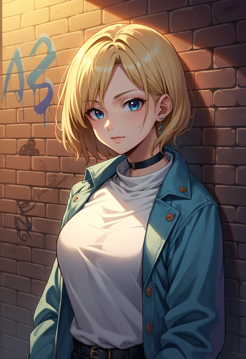 score_9, score_8_up, source_anime, 1girl, solo, Ashelia, medium hair, blonde hair, blue eyes, earrings, sharp eyes, choker, neon shirt, open jacket, turtleneck sweater, night, against wall, brick wall, graffiti, dim lighting, alley, looking at viewer, <lora:CHAR-AsheliaPonyXL:1>