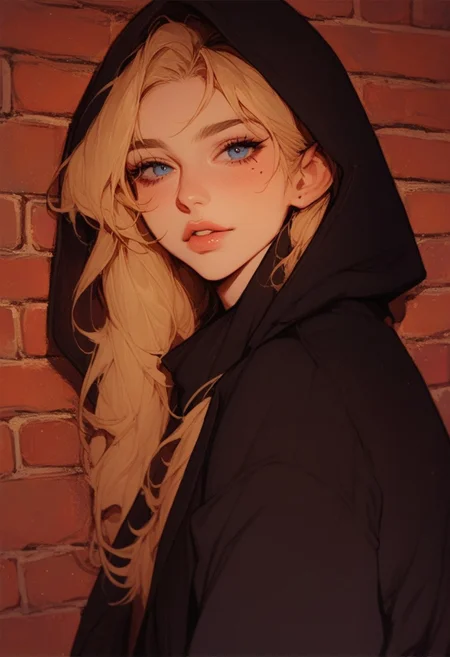 score_9, score_8_up, score_7_up, source_anime, a drawing of female model in black hoodie and scarf for illustration purposes, 1girl, solo, hood, blonde hair, brick wall, looking at viewer, long hair, parted lips, mole, mole under eye, blue eyes