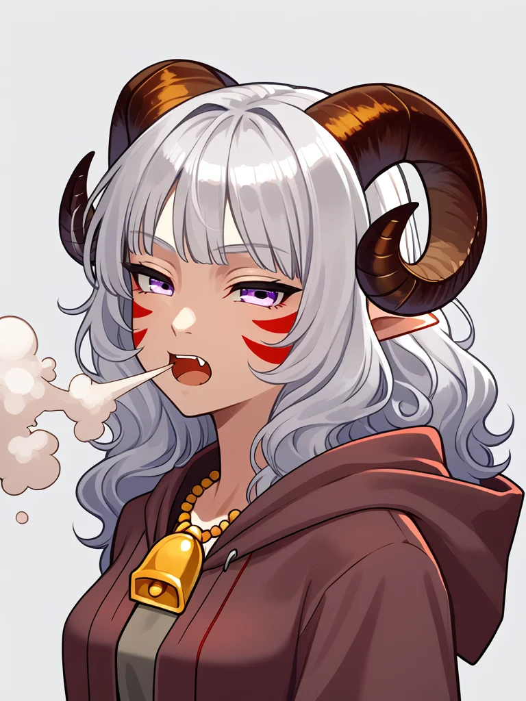 <lora:breath_weapon:0.8> breath_weapon:1.5, breath in mouth, (gas:1.2 breath) :1.4, breath_left, looking left ,fang, cowboy shot, dust,
solo,<lora:whisker_markings:0.8>red whisker_markings,
source_furry, score_7_up, rating_safe, gold necklace, tiefing, short pointed ears, brown horns, (a pair of brown sheep Horns that begin at her temples and curve back: 1.5), bangs, long silver hair long wavy hair, pale skin, short pointy ears, purple eyes, <lora:age_slider_v4:0.6> medium breasts, skinny female, silver hair, <lora:Tieflingnew weird fantasyDND:0.3> Tiefling, pointed ears, horns, half-closed eyes<lora:Smooth Style 2 SDXL_LoRA_Pony Diffusion V6 XL:0.5> bell, robe, hood off <lora:energy_beam:0.4>
