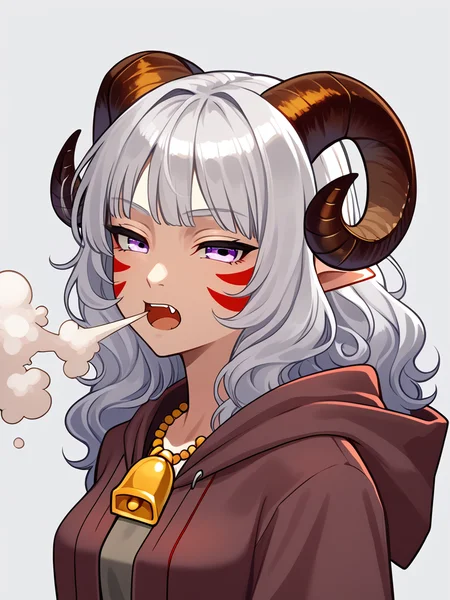 <lora:breath_weapon:0.8> breath_weapon:1.5, breath in mouth, (gas:1.2 breath) :1.4, breath_left, looking left ,fang, cowboy shot, dust,
solo,<lora:whisker_markings:0.8>red whisker_markings,
source_furry, score_7_up, rating_safe, gold necklace, tiefing, short pointed ears, brown horns, (a pair of brown sheep Horns that begin at her temples and curve back: 1.5), bangs, long silver hair long wavy hair, pale skin, short pointy ears, purple eyes, <lora:age_slider_v4:0.6> medium breasts, skinny female, silver hair, <lora:Tieflingnew weird fantasyDND:0.3> Tiefling, pointed ears, horns, half-closed eyes<lora:Smooth Style 2 SDXL_LoRA_Pony Diffusion V6 XL:0.5> bell, robe, hood off <lora:energy_beam:0.4>
