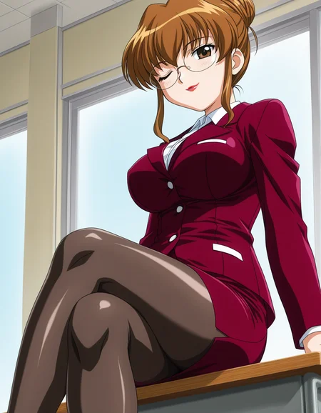 1girl, solo, shikijo saori, brown hair, single hair bun, brown eyes, glasses, lipstick, smile, one eye closed, large breasts, business suit, red clothing, pencil skirt, black pantyhose, sitting on desk, crossed legs, three quarter view, (from below:0.2), cowboy shot, indoors, classroom, light theme, anime coloring, 2000s \(style\) <lora:shikijo_saori_ilxl_v1-ls:0.7>
