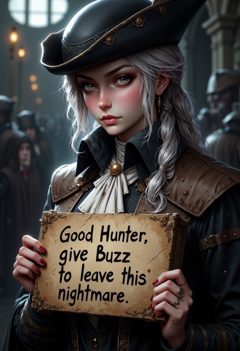 photo of Lady Maria, her silver hair falls from her hat, she's holding a sign that says "Good Hunter, give Buzz to leave this nightmare"