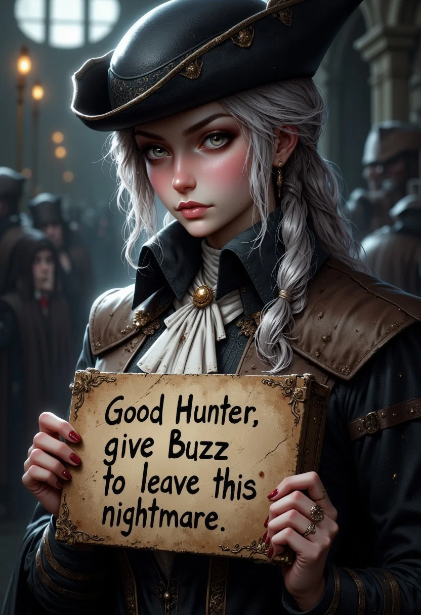 photo of Lady Maria, her silver hair falls from her hat, she's holding a sign that says "Good Hunter, give Buzz to leave this nightmare"