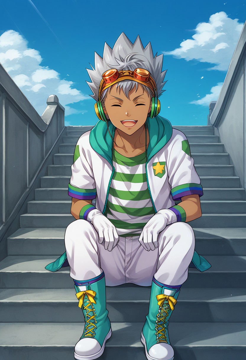 score_9, score_8_up, score_7_up, source_anime, highly detailed, 
kazuki, 1boy, male focus, solo, grey hair, spiked hair, closed eyes, open mouth, smile, dark skin, dark-skinned male, goggles, goggles on head, headphones, shirt, striped shirt, jacket, white jacket, hooded jacket, hood, open jacket, open clothes, gloves, white gloves, shorts, white shorts, boots, green footwear, cross-laced footwear, 
outdoor, sky, stairs, sit,