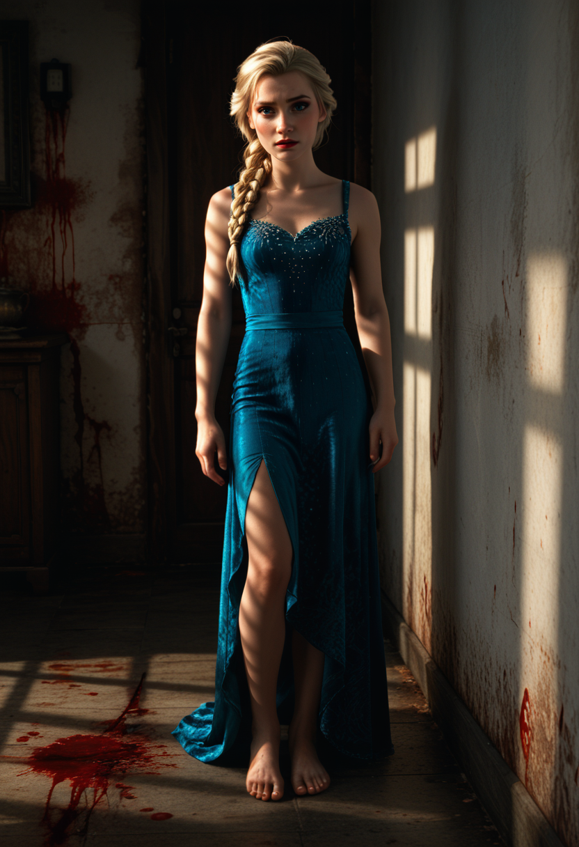 score_9, score_8_up, score_7_up, score_6_up,  BREAK ,  <lora:sh3warm:1> sh3warm, warm light, dappled light, orange light, <lora:dark:0.3> dark,  <lora:elsa:0.8> blue eyes, blonde hair, makeup, elsa, dress, braid, full body, barefoot, <lora:SH3_BG_Bleeding_Walls:0.4> bleeding walls, blood, dark, indoors