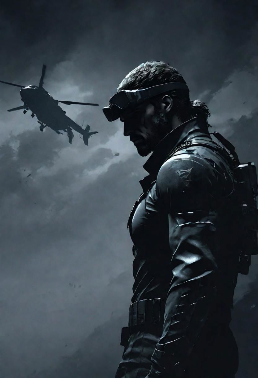 Sideview Silhouette shadow minimalism, Sci-fi Snake mgs, 1male, Metal Gear Solid, 
Standing in door of flying Helicopter, light From behind, cyberwear Headband, Bedouin magician, very detailed, hd, DARK silver used spaceship Background, foggy, smoke, dimmed backlight, PEHighContrast