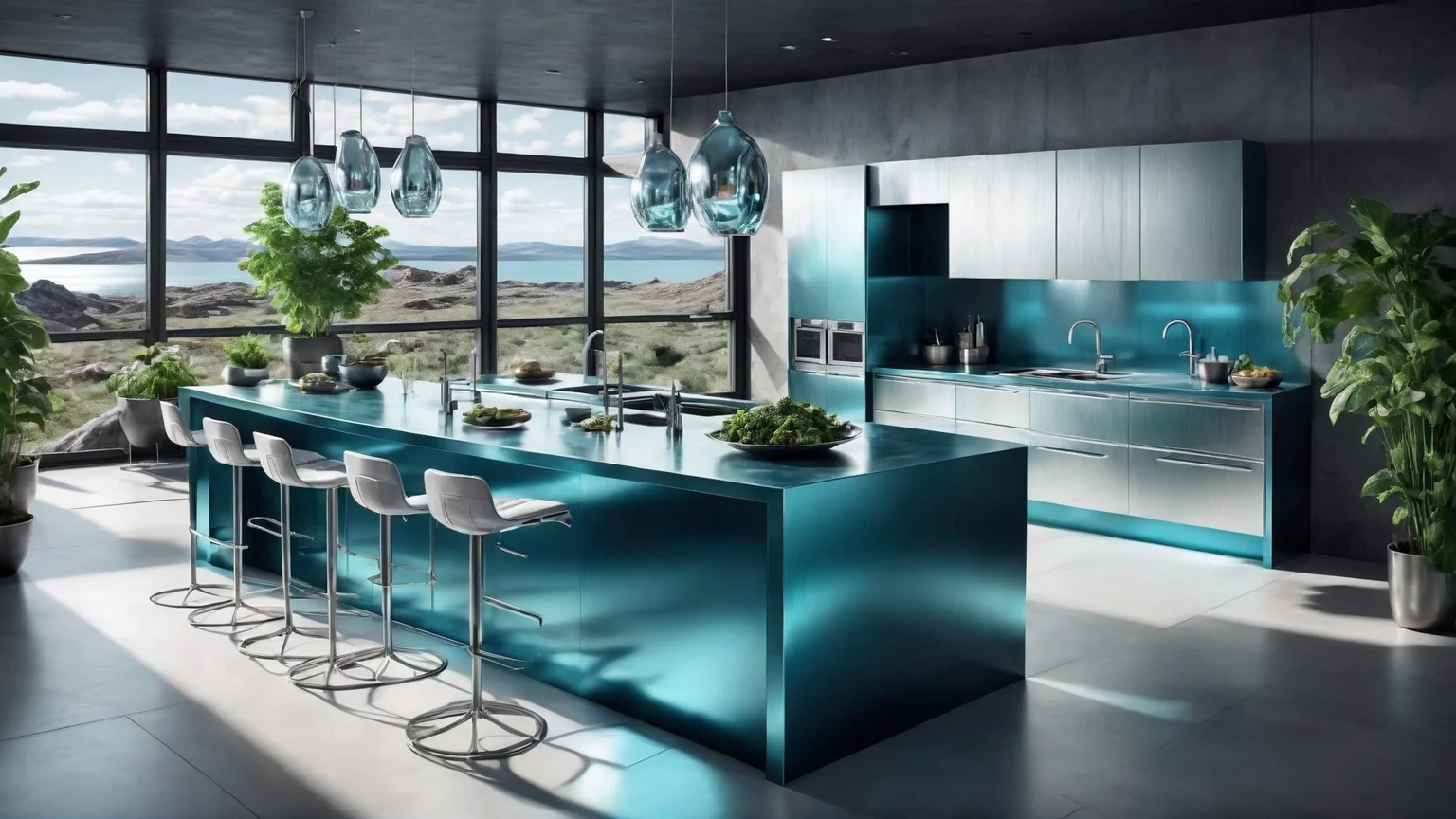 Award-winning modern furniture and lighting in a cs-m3tal-ok_v03-1600 futuristic kitchen. arctic color palette. A large window has a view of a magnificent underground cavern, bioluminescent plants outside. Very detailed, intricate, photorealistic, crisp edges.