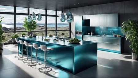 Award-winning modern furniture and lighting in a cs-m3tal-ok_v03-1600 futuristic kitchen. arctic color palette. A large window has a view of a magnificent underground cavern, bioluminescent plants outside. Very detailed, intricate, photorealistic, crisp edges.