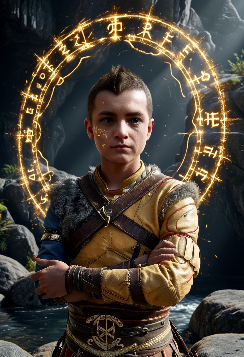 Score_9,  stunning wallpaper, trending, intricate details, detailed face, atreus wearing yellow warrior outfit,  crossing arms, magic glowing rune circle on rock in background, halo, high-resolution,  (detailed face:1.2), absurdres, detailed photograph artwork