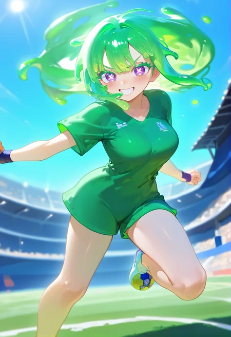 score_9_up, masterpiece, best quality, amazing quality, very aesthetic, absurdres 1girl, solo girl, outdoors, stadium, playing football, dynamic pose, cowboy shot, ball, kicking ball,
<lora:Neneya_Green_Pony_V2.0:1> Neneya Green, green hair, purple eyes, smile, x-shaped pupils, grin, looking at viewer, (((adult))) medium breast, excited,