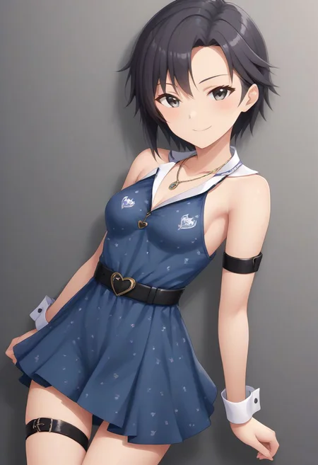 1girl, solo, kikuchi makoto,
1girl, arm strap, bare arms, bare shoulders, belt, black hair, blush, collarbone, dress, grey eyes, heart, jewelry, looking at viewer, multiple belts, neckerchief, pendant, print dress, shirt, smile, solo, thigh strap, wrist cuffs
masterpiece, best quality, very aesthetic, absurdres,