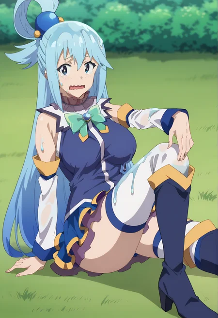 score_9,score_8_up,score_7_up, sm_an_stl, source_anime, anime screencap, anime, animification, 1girl, solo, aqua \(konosuba\) ChopioAqua, blue hair, long hair, very long hair, hair ornament, hair between eyes, blue eyes, (slime (substance), covered in slime:1.3), (looking at viewer:1.3),mature female, large breasts,single hair ring,outfit_1, white collar, detatched collar, bare shoulders, green bowtie, blue gem, blue shirt, detatched sleeves, white sleeves, blue skirt, miniskirt, see-through, layered skirt, thighhighs under boots, zettai ryouiki, (white thighhighs, blue thigh boots:1.2), outdoors, nature, blue sky, grass, on floor, sitting, wariza, w-legs, wavy mouth, open mouth, tearing up, knee up