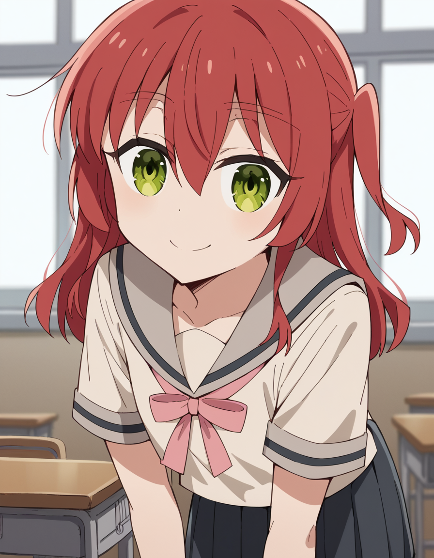 score_9, score_8_up, score_7_up, source_anime,
kitaikuyo, <lora:ikuyo-kita-s1-ponyxl-lora-nochekaiser:1>,
ikuyo kita, green eyes, hair between eyes, long hair, one side up, red hair,
black skirt, grey sailor collar, pleated skirt, sailor collar, school uniform, short sleeves, shuka high school uniform, skirt,
indoors, classroom, bent over, smile,
cowboy shot, solo, dutch angle, looking at viewer,