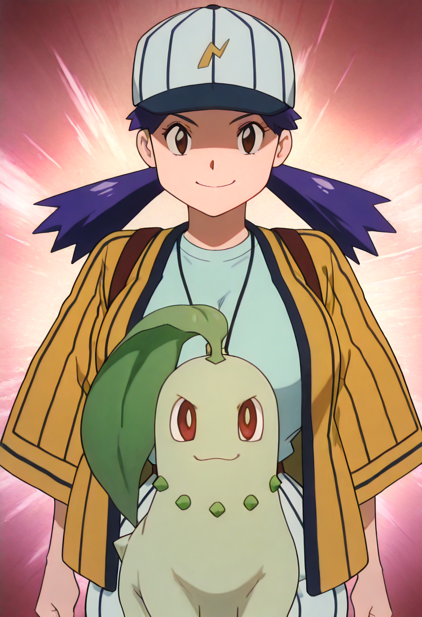 masterpiece, best quality, solo, curvy, beautiful eyes, aged up, large breasts, (upper body), 1girl, solo, smile, looking at viewer, zzCasey, brown eyes, blue hair, twintails,   baseball cap, yellow jacket, open jacket, stripes, wide sleeves, holding chikorita, <lora:ChikoritaPokedex_IXL:1.0>,  <lora:CaseyBaseballBeauty_IXL:1.0>,   , smile, looking at viewer, cowboy shot,  <lora:IckpotIXL_v1:1.0>,