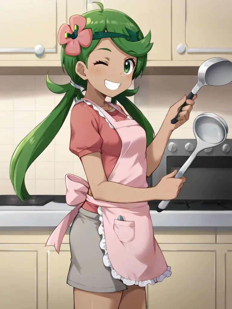 <lora:mallmaowtsukishiro:0.7>
1girl, solo, maollow, dark skin, green hair, low twintails, hair ornament, hair flower, green eyes, pink shirt, gray shorts, pink apron, holding, ladle, standing, looking at viewer, indoors, kitchen, oven, smile, wink, teeth, from side,