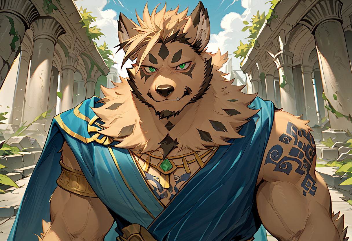 score_9, score_8_up, score_7_up, high quality, hires, 4K, solo, zacharoff, anothereidosr, furry, bara, green eyes, perfecteyes, muscular, cute, tattoo, looking at viewer, greek ruins, <lora:Zacharoff_AnotherEidos_R:1>, <lora:PerfectEyesXL:1>