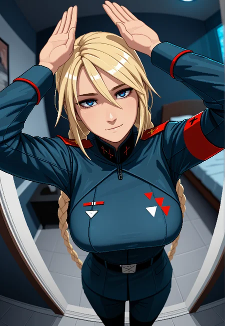 1girl, twin braids, long hair, blonde hair, blue eyes, sl, signalis, slight smirk, high angle, night, bedroom background, bed, military uniform, cowboy shot, wide hipsstanding, arms crossed, looking at viewer, slight smile, (fisheye,:1.2), from above, close-up, dutch angle, cowboy shot, (staring sulking:1.2), (rabbit pose:1.2), head tilt, dutch angle,pixel art, absolutely eye-catching, bokhe, standing, backlight, bedroom, futuristic bedroom, big breasts, looking at viewer, blurry background, dynamic angle,depth of field, cinematic,(masterpiece, best quality), safe, amazing quality, very aesthetic,depth of field, detailed foreground, detailed foreground, dappled sunlight,Dim Lighting, Reflective floor, dark alley with Blue and Red LED Light, absurdres, highres, newest, <lora:SignalisILXL_V1:0.8>, <lora:Slavya_illustriousXL_V1:0.5>
