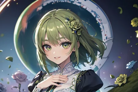 (masterpiece:1.4), 4K8K, (anime style), (high shutterspeed:1.4), (sharp edges), 
SyFyEye1, FanFo, 
1woman  hands togather,  leaning foward, face focus, smile, closed mouth, 
wearing Celtic style dress, (Detailed face, Detailed eyes, Detailed lips), (solo), 
olive hair, any colored roses, Fantastic, turf, planet,