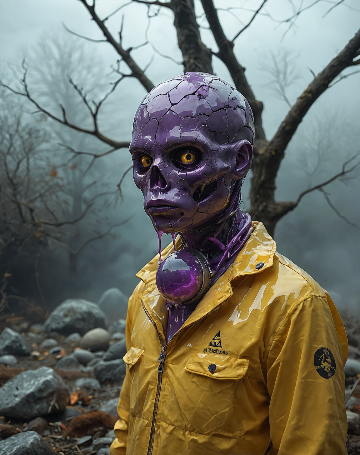 Environment is flooded with (Liquid Marble:1.3). Some environmental elements morphs into the beige (liquid marble:1.3) with golden veins detailing. Voronoi patterns and milky-violet-ochre rich colors dominates the scene. 
waist-up portrait of (faceless:1.7) man creature with a strange, liquid marble mask. orange and purple colors. creature wear in sporty tracksuit.
<lora:GeekyXL_Liquid_Marble:0.35> <lora:sphere_roots_fog-000034:0.15>  tree, rock, eerie, dense fog, large spherical structure, cracked stone, central sphere, jagged rocks, yellow raincoat, otherworldly, Dominating the center, large egg-like structure, branches, roots, selective color effect, warm-yellow, violet, green,
BREAK (finest details, hires, high quality, realistic colors, true color palette:1.15), (score_9, score_8_up, source_photo, source_real, rating_explicit, high details. source_photo. content_realistic. analog_photograph:1.1).  eyedetailpxl,
BREAK   
<lora:detailed_notrigger:0.35>