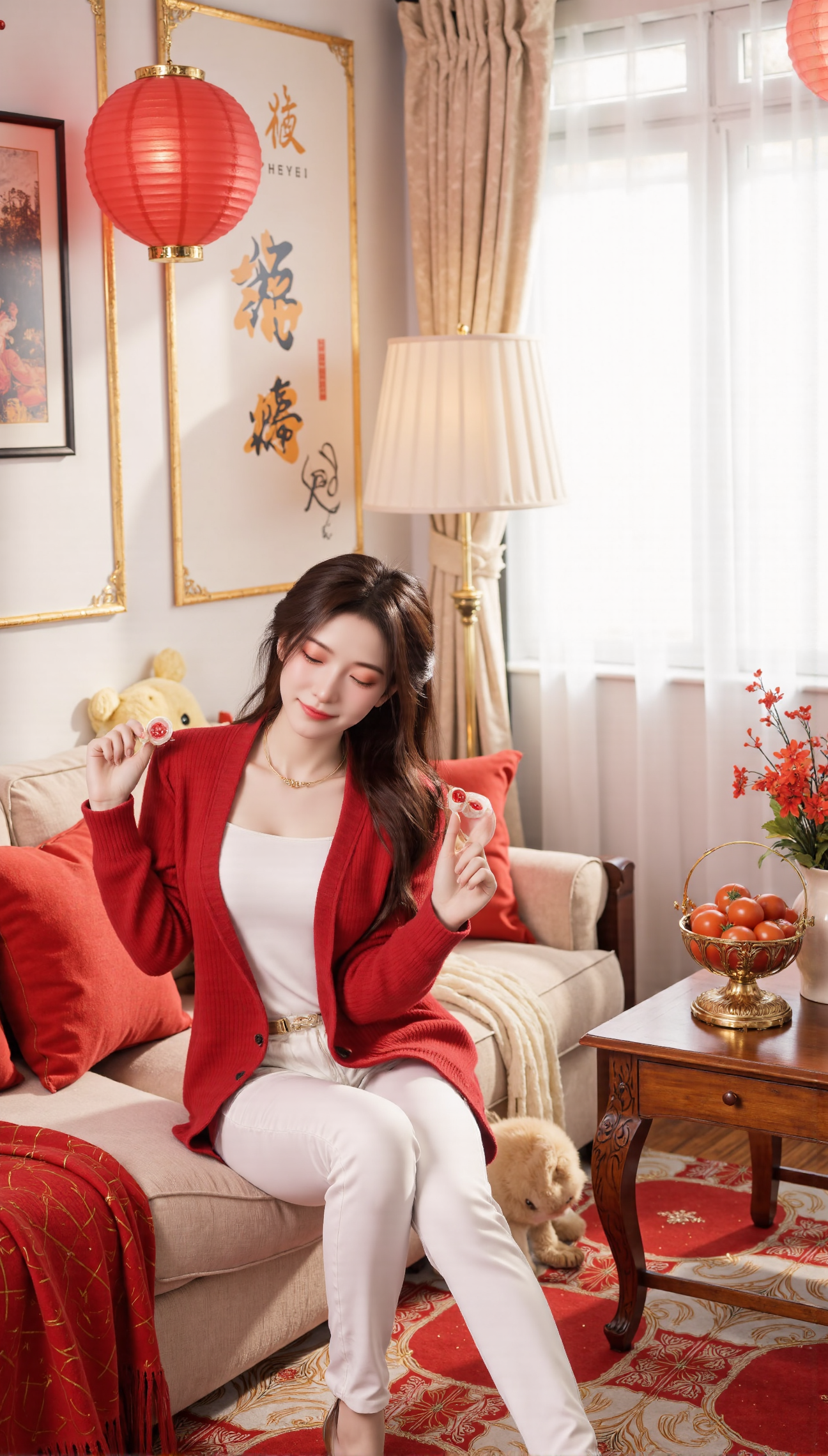 Photos of the Chinese New Year,Xnangongwan,Xyaoxi,Xxiaolan,Xningyudie,XliwuwanH,Photos of the Chinese New Year,The image shows a young woman sitting on a red and white checkered floor in a living room. She is wearing a red cardigan over a white top and white pants. She has long dark hair and is smiling as she holds a red lollipop in her hand. On the right side of the image,there is a wooden coffee table with a vase of red flowers and a basket of tomatoes. Behind the woman,there are two red heart-shaped pillows and a yellow stuffed animal. The room has a large window with white curtains and a painting hanging on the wall.,(huge breasts:2.99),(full breasts:2.99),Chinese traditional Spring Festival theme background,lanterns,New Year couplets,window decorations,Fireworks Show,