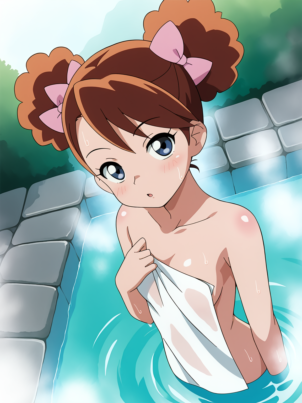 masterpiece, best quality, amazing quality, very aesthetic, absurdres, newest, dynamic_angle, defined facial features, clear picture, white background, 
<lora:Kinoko_Morino_PDv0:0.8> 1girl, kinoko morino, pink bow, naked, outdoors, onsen, towel, naked towel, steam, bathing, nude cover, partially submerged:1.2, water, bath, steam censor, wet towel, blush, looking at viewer, cowboy shot, dutch, censored, upper body,