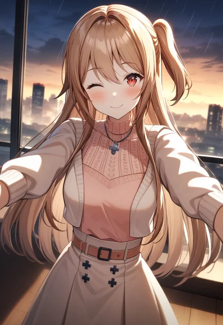 Kaede-outfit2,looking at viewer,medium skirt,night,dark,
indoors,modern villa,skyscraper,rain,floor to ceiling windows,skyline,dusk,cloud,
face focus,upperbody,pov,pov adore,smile,one one eye closed,<lora:KaedeV3:1>,outstretched arms,incoming hug,, cinematic light,masterpiece,best quality,very aesthetic,absurdres,incredibly absurdres,<lora:add_detail:1>,
