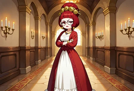 solo, 1girl, red hair, red eyes, round eyewear, round glasses, shortstack, red victorian dress, hime cut, sidelocks, blunt bangs, single hairbun, mature female, milf, medium breasts, petite, puffy sleeves, long sleeves, red lipstick, pantaloons, jewelry, bracelet, necklace, earrings, rings, long skirt, frills, standing, looking at viewer, annoyed, irritated, half closed eyes, arms crossed, belt
indoors, castle hallway, candleabra, soft lighting,