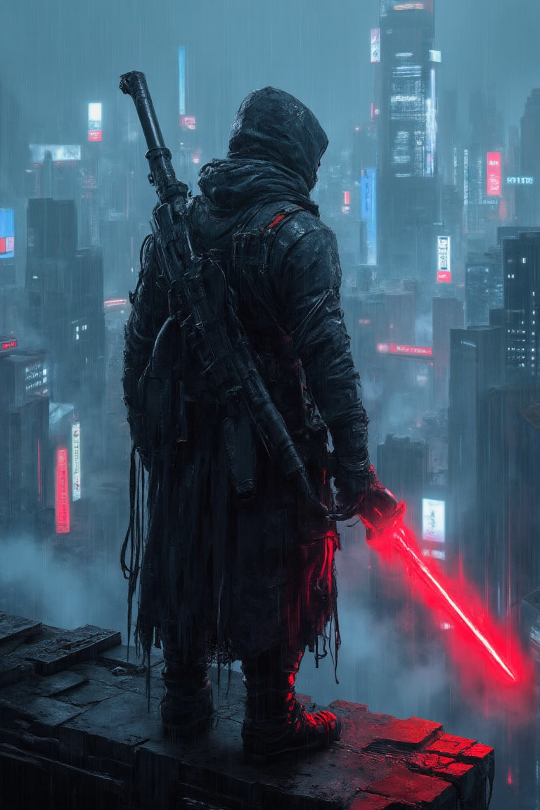 A lone, mysterious warrior standing atop a rain-soaked skyscraper ledge in a sprawling futuristic cyberpunk city, seen from behind, wearing a soaked, weathered cloak with a deep hood hiding their face, heavy rain falling all around, neon city lights reflecting on the wet concrete, the figure carries a massive high-tech sci-fi rifle slung across their back, in their right hand they grip a glowing red plasma sword that illuminates the mist around them, the city below is alive with dense fog, shimmering holograms, bright red and blue neon advertisements, and towering futuristic buildings, vibrant energy streams moving through the skyline, atmospheric perspective with depth of field, cinematic framing, ultra detailed fabric textures, realistic water drops on clothing, reflective puddles on the rooftop, dramatic cold lighting from above, glowing cybernetic enhancements subtly visible under the cloak, moody color grading, futuristic Asian megacity aesthetic, late night stormy atmosphere, high contrast between dark shadows and bright neon highlights, realistic rain particle simulation, gritty cinematic realism, inspired by Blade Runner and Ghost in the Shell, flux style, hyper-realistic rendering, intricate urban environment design, immersive dystopian mood,Cyberpunk Estyle, Painting style 