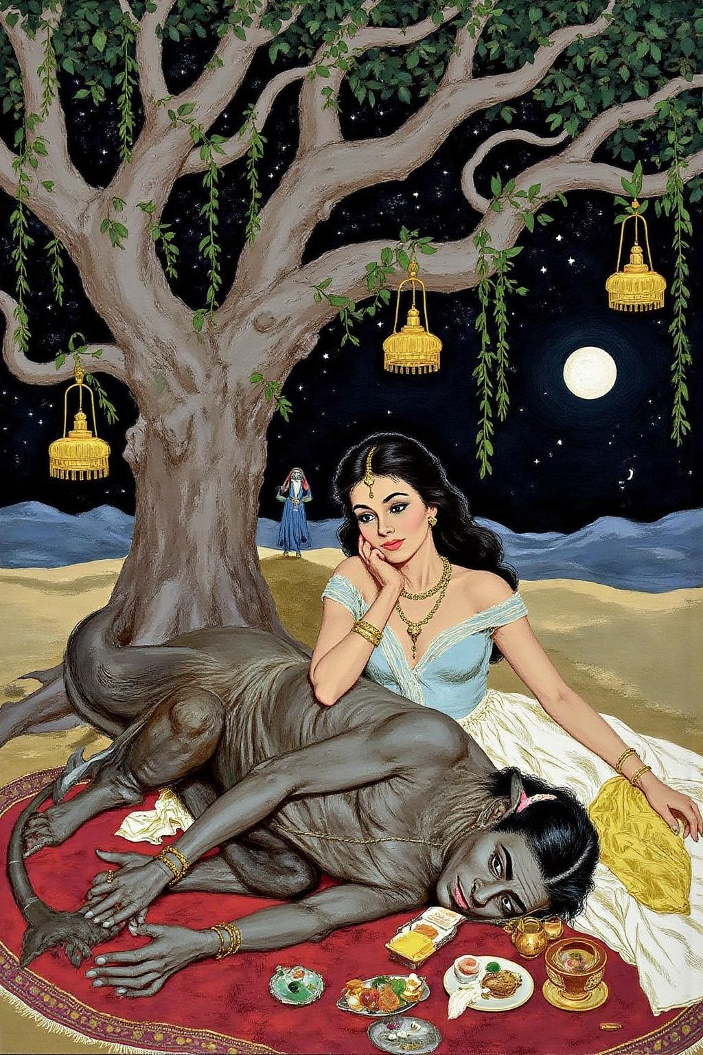 kard1 watercolor illustration 
A scene from Arabian Nights, rendered in intricate, colorful detail. A beautiful woman and a sleeping demon. The woman sits gracefully under a sprawling tree with lush, curving branches and hanging vines. She has striking, almond-shaped eyes, dark flowing hair, and wears elegant traditional attire with ornate jewelry that glimmers softly under the moonlight. Her expression is calm and serene as she gazes thoughtfully into the distance. Resting his head gently on her lap is a large demon with a powerful, otherworldly presence. The demon, though fearsome in size, appears vulnerable as he lies beside her. His skin has a muted, earthy tone, and his features--sharp and beastly--are softened by a look of weary contentment. His claws are retracted, and he exudes a mixture of strength and peace in her presence. The tree's twisted branches arc above them, framing the scene like a natural canopy. Golden lamps hang from the tree, casting warm, soft light, illuminating the two figures in a magical glow. The background is a deep, starry night, with hints of distant desert dunes and a crescent moon overhead, creating an enchanting and mystical ambiance that draws the viewer into this world of fantasy and myth. 
  <lora:kard1_cap_d6a3:1.0><lora:816590484320399561:0>