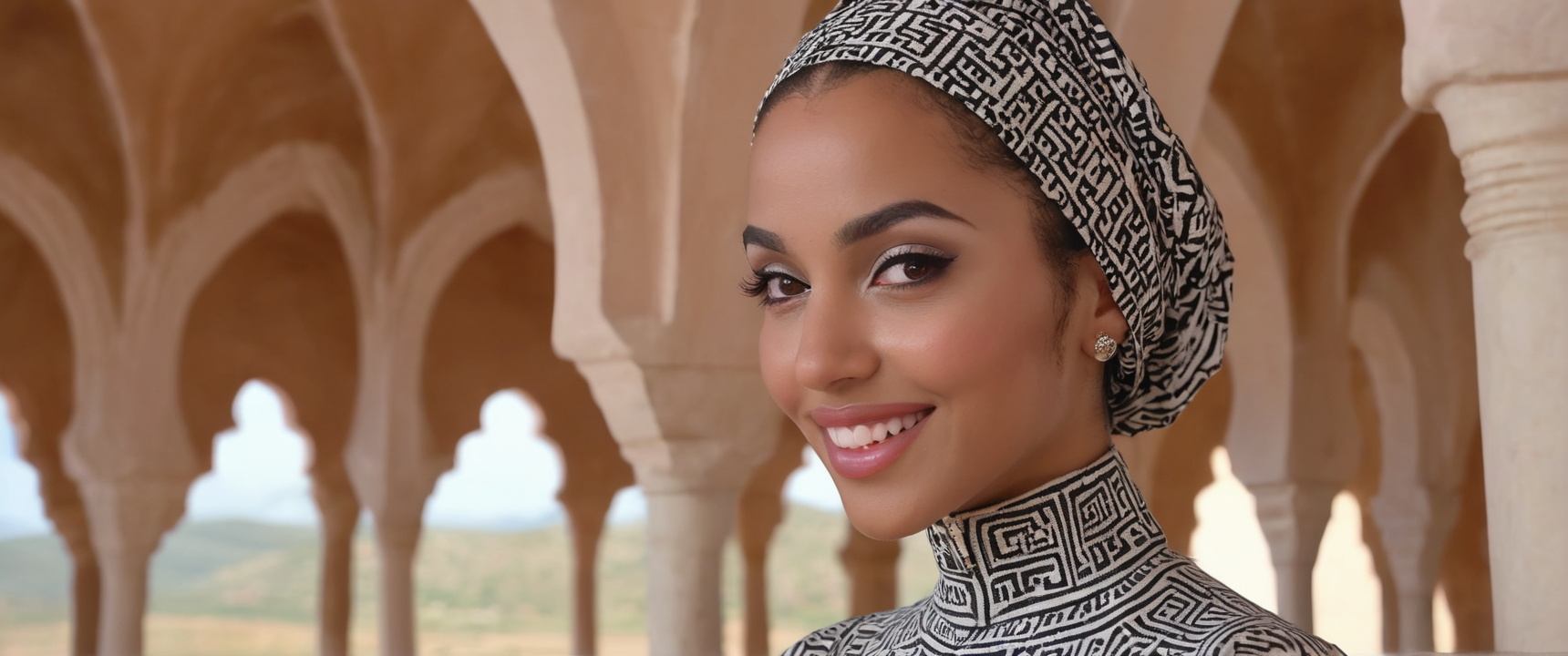 countryside mountains , lakeside recreational park, Zoomed in, medium shot, show face profile, bach arch pose,  Lovecraftian, Moorish arches, futuristic, labyrinths,    slightly cloudy,
a beauty queen from marocco, small lips,
((seductive smile:1.4)), ((smirking:1.1)), (suggestive:1.3), (cute:1.2),
photo raw, perfect face, perfect eyes, perfect hands, perfect feets,
perfecteyes eyes