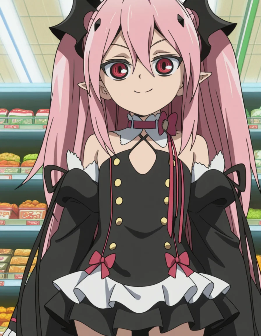 masterpiece, best quality, amazing quality,, <lora:krul-tepes-s2-illustriousxl-lora-nochekaiser:1>, krul tepes, long hair, red eyes, pink hair, pointy ears, hair ornament, anime screencap, dress, bare shoulders, detached sleeves, wide sleeves, detached collar, black dress, bowtie,, supermarket, aisles, shopping, food, shelves, smile, from below, looking at viewer, solo,, cowboy shot, solo