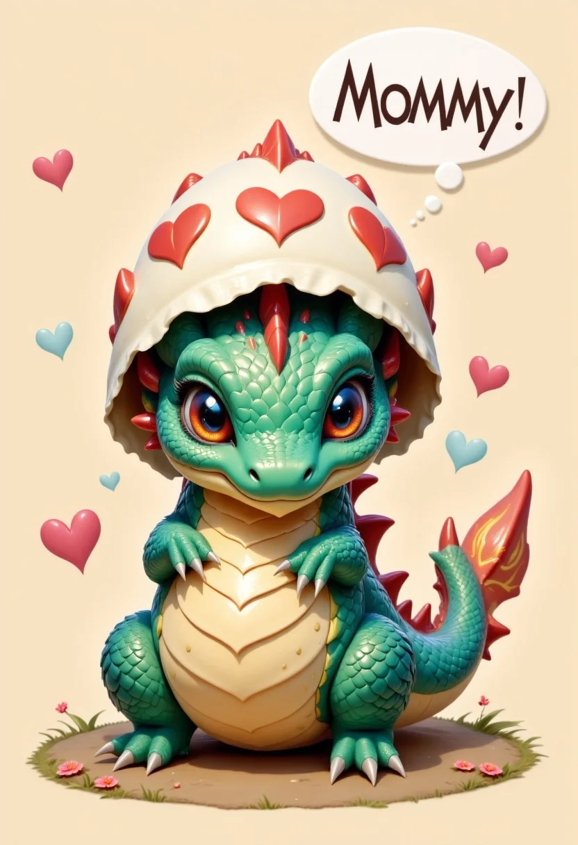 The picture captures the moment when a chibi dragon hatches from an egg, the head looks out of the top of the egg, the shell is on his head, the dragon looks super cute at the viewer, above him is a speech bubble with the inscription "Mommy ", cuteness overload, its scales have rainbow colors, the dragon rests its head sweetly on its paws, painted hearts