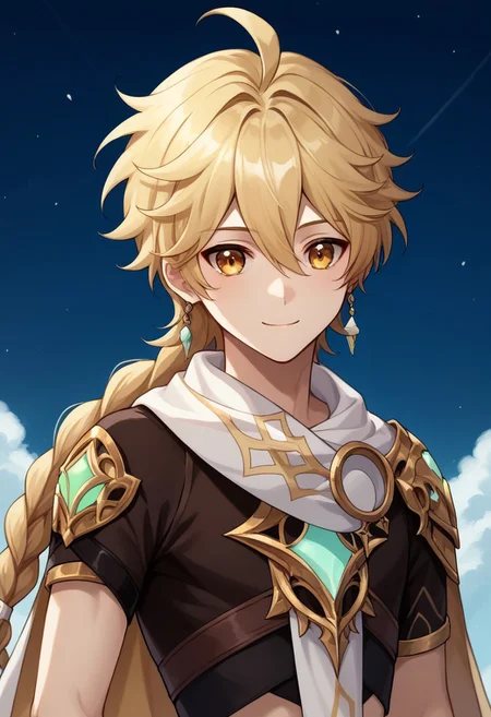 score_9, score_8_up, score_7_up, source_anime, highly detailed,
traveler, 1boy, male focus, solo, blonde hair, long hair, bangs, hair between eyes, braid, single braid, ahoge, yellow eyes, jewelry, single earring, earrings, shoulder armor, scarf, white scarf, short sleeves, smile, slender, skinny, cape. white cape, upper body,
outdoor,