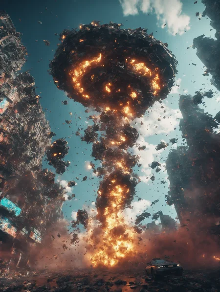 invasion from the sky, floating snake mecha, dense populated, ((dutch camera worm eye view)), wide angle, chaotic, flying particles, cyberpunk neon environment,destruction smoke and explosion, dystopian futuristic, gritty and grunge, photorealistic, (best quality,masterpiece), ultra high resolution, 4k, highly detailed, epic composition, game splash screen