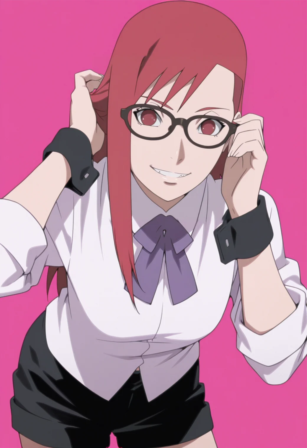 anime screencap, anime coloring, 1girl,  solo,  <lora:DX888KarinB:1> uzumaki karin, red eyes, red hair,long hair, sidecut, glasses, white shirt, collared shirt,sleeves rolled up, log sleeves,purple ribbon,wrist cuffs, black shorts, BREAK  pink background, heaven condition, simple background, BREAK solo, adjusting hair, standing, contrapposto,  hair behind ear, leaning forward, close_up, hand on own hair, crazy grin