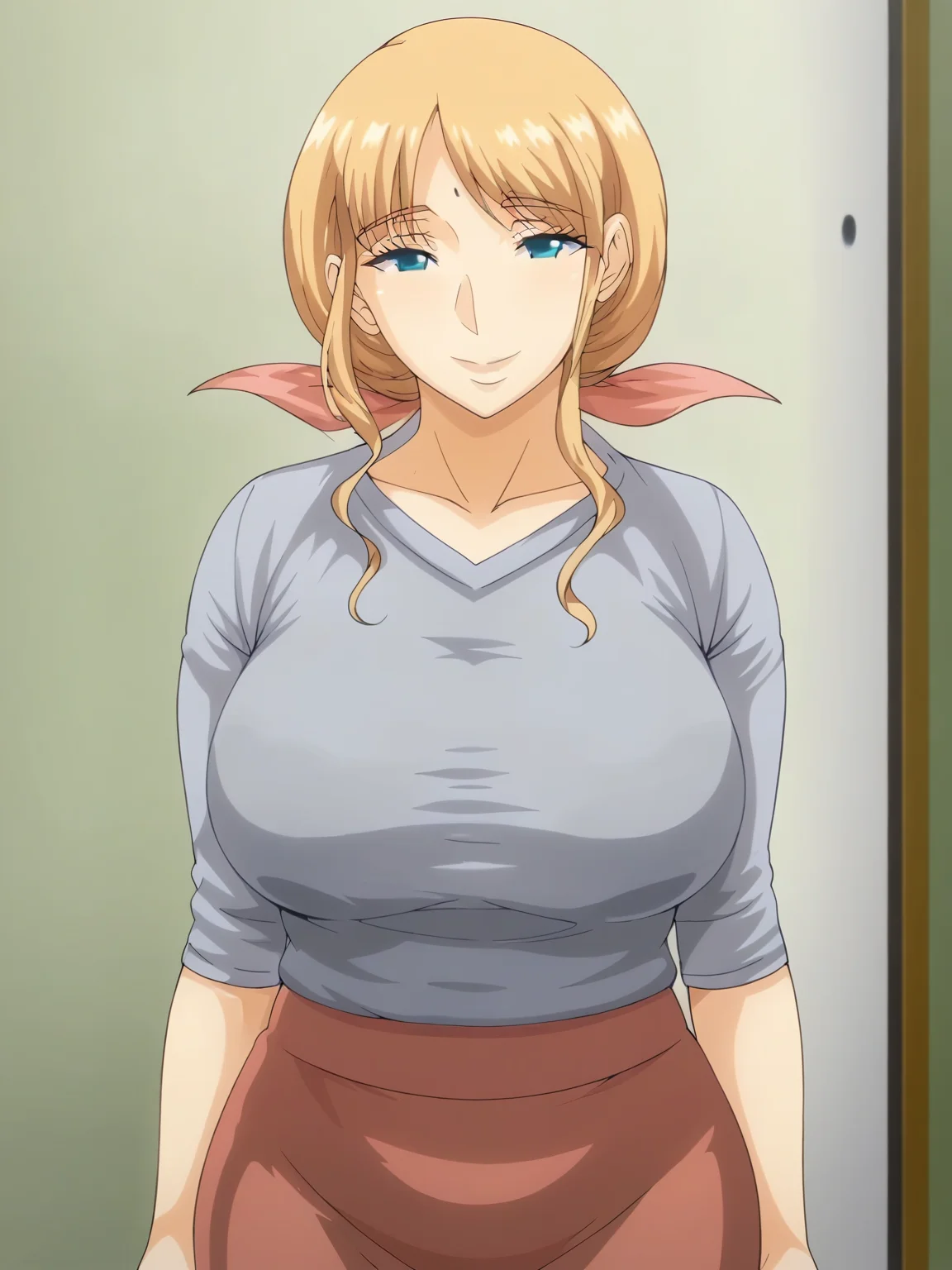 <lora:hitozuma3-ayako>,ayako,1girl,solo,blonde hair, blue eyes,mature female, long hair, shirt,skirt,cowboy shot, looking at viewer, indoors