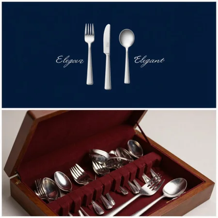 The pair of images highlights the refined branding for a silverware set; [IMAGE1] the logo features a minimalist knife, fork, and spoon design in polished silver tones, with the brand name âElegant Edgeâ in an italicized serif font on a dark navy background; [IMAGE2] the logo is applied to a rich, wooden case containing an organized, luxurious set of silverware, the polished utensils gleaming under soft lighting, creating an aura of sophistication and craftsmanship