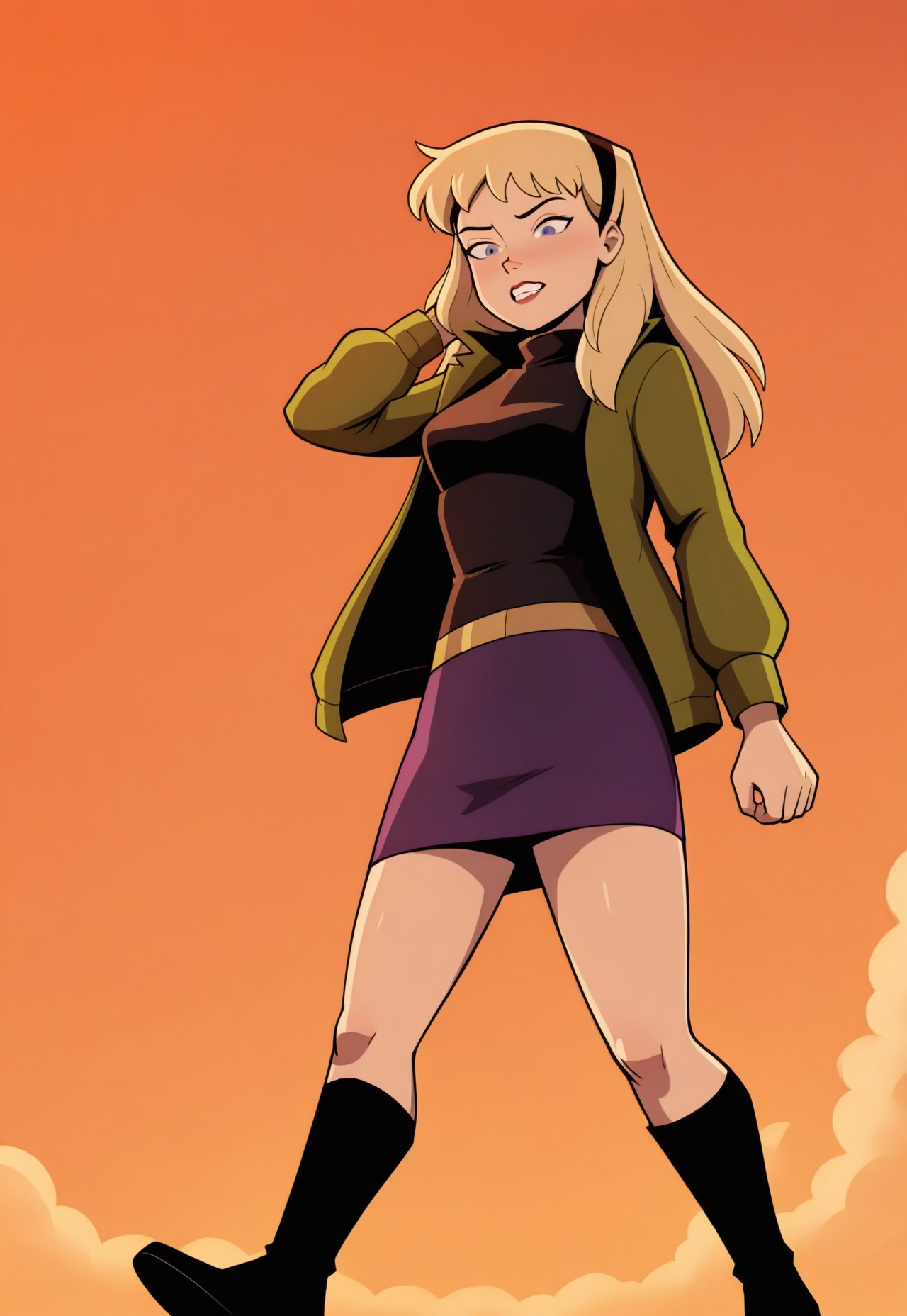 masterpiece, best quality, 32k, high resolution, absurdres,  gwen stacy, animification, sunset, teeth, orange sky, miniskirt, knee boots, turtleneck, sky, black footwear