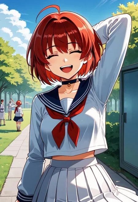masterpiece, best quality, good quality, <lora:Hiroba_Mahiru_IS:1> HirobaMahiru, 1boy, otoko no ko, red hair, closed eyes, short hair, ahoge, happy, smile,
1girl, solo, skirt, school uniform, brown long sleeves, choker, looking at viewer, cowboy shot,
white skirt, serafuku, :o, standing, pleated skirt, bow, miniskirt, arm behind head, arm up, open mouth,
outdoor, blue sky, morning. 1990s \(style\),