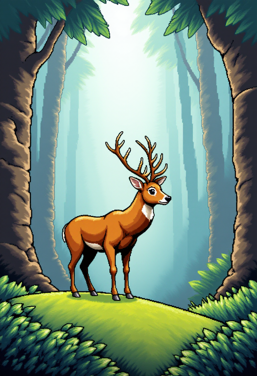 <lora:KFT_2d_Pixel_Style_FLUX-000017:1>
The image is a vibrant kftpxl pixel art illustration featuring    a deer in a forest
