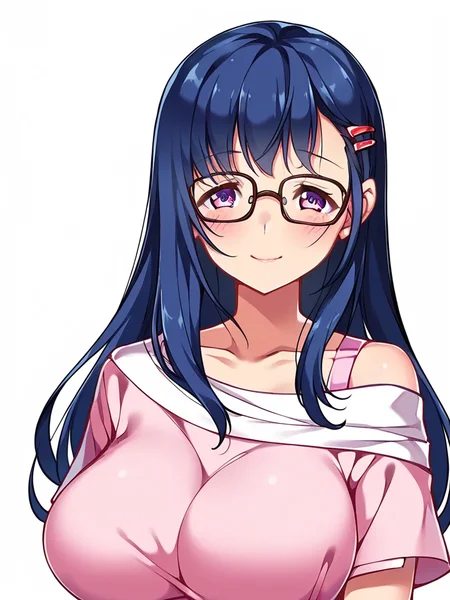 score_9, score_8_up, score_7_up,
1girl, takatsuki yuuna, blue hair, long hair, hairclip, purple eyes, large breasts,
glasses, upper body, white background, pink t-shirt, off-shoulder shirt, short sleeves, looking at viewer, smile, blush,
