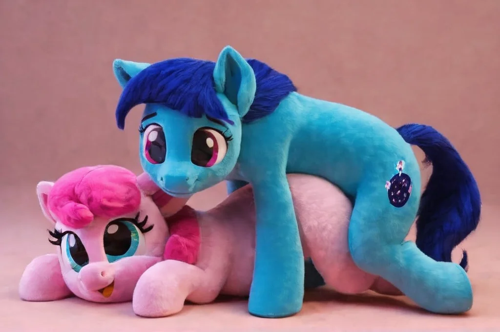 (sweet (pink pony female) fucking (blue pony male)), Soft toy, cuddly toy, horse penis, doggystyle hooves, animal sex, , on all fours