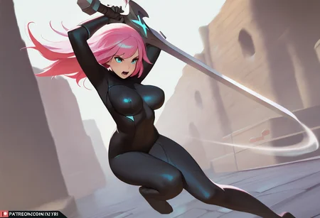 masterpiece, best quality,,detailed_background,outdoors,medium breasts,arms up,blue eyes,greatsword,black bodysuit,open mouth,long hair,sword,web address,bodysuit,motion blur,solo,weapon,holding sword,holding,pink hair,breasts,1girl,no shoes,holding weapon,nixri