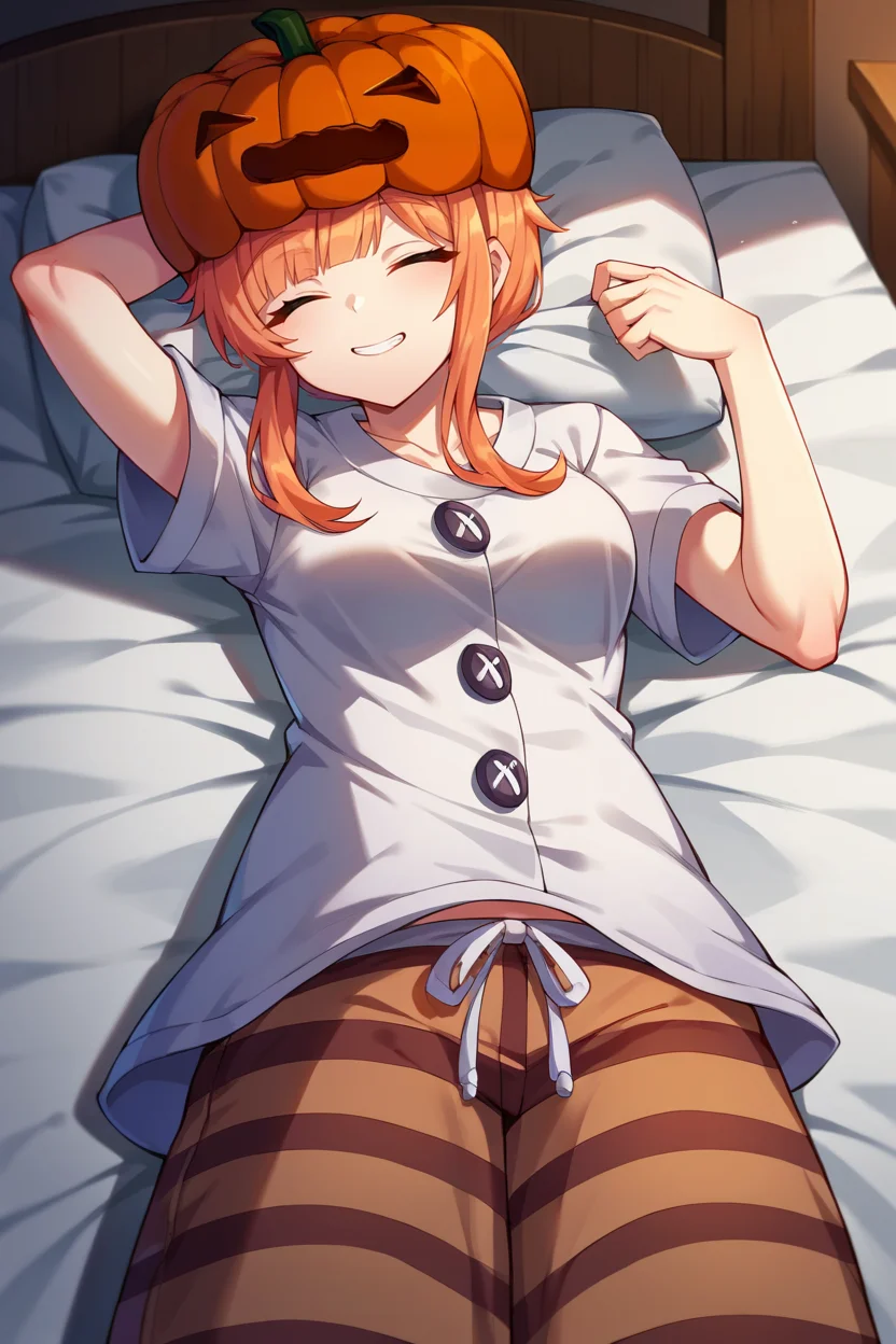 score_9, score_8_up, score_7_up, score_6_up, source_anime BREAK 1girl, solo <lora:mcsnowgolem-pdxl-nvwls-v1-000005:1> sgolem, pumpkin hat, sleeping, white shirt, pajama pants, bed, smile