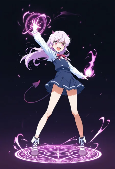masterpiece, best quality, high quality, high details, source_anime, score_9, score_8_up, score_7_up, extremely detailed,
chibi demon girl with tiny horns and pointed tail, standing in dynamic pose with one arm raised, casting glowing magic spell, swirling energy around hand, eyes glowing slightly, excited or focused expression, small magic circle under feet, floating sparkles and runes, dark background with magical lighting, soft anime shading, full body