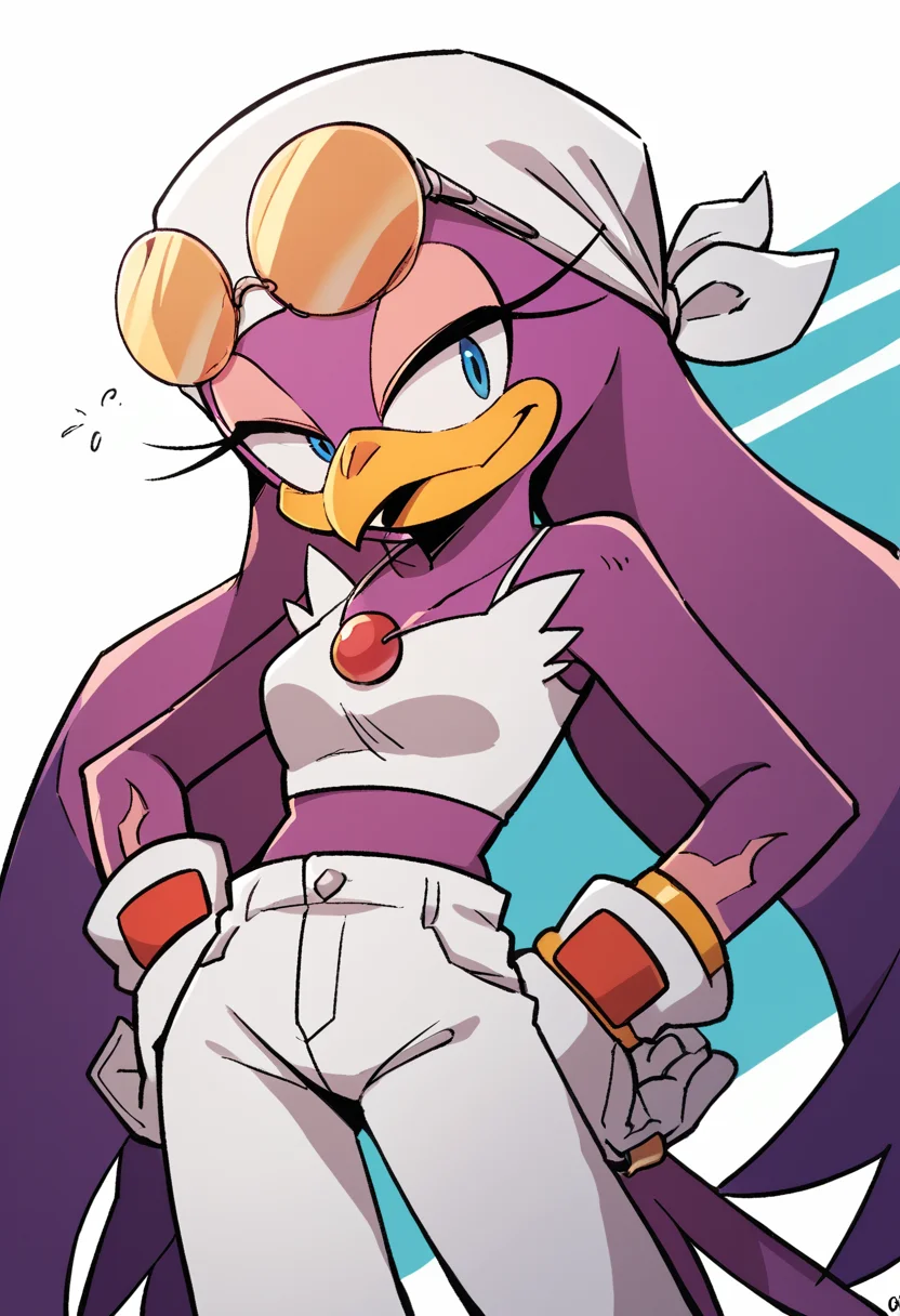 <lora:Wave-05:1> wave, gloves, eyewear on head, animal nose, bird beak, , furry female, purple hair, sunglasses, tinted eyewear, blue eyes, white pants, white top, white bandana, short top, rings on wrists,, score_9, score_8_up, score_7_up, source_anime,