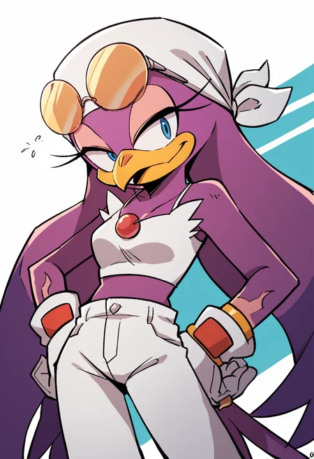 <lora:Wave-05:1> wave, gloves, eyewear on head, animal nose, bird beak, , furry female, purple hair, sunglasses, tinted eyewear, blue eyes, white pants, white top, white bandana, short top, rings on wrists,, score_9, score_8_up, score_7_up, source_anime,