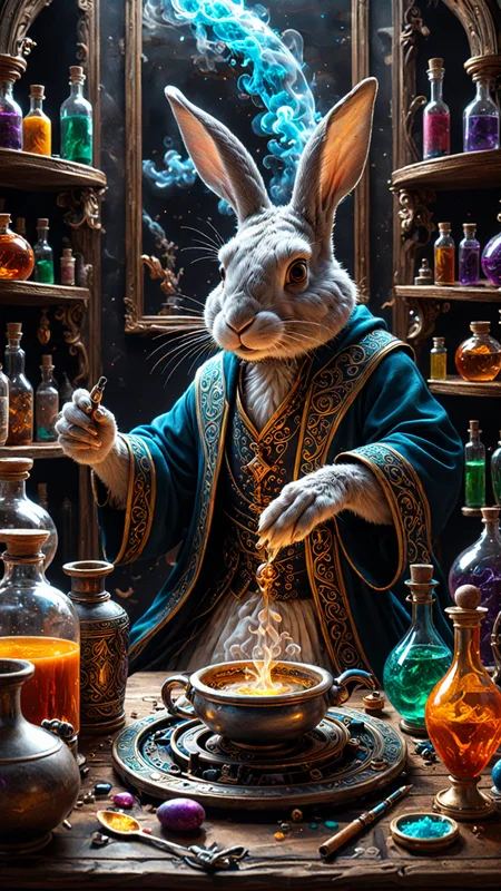 Ethereal fantasy concept art of a Rabbit mage brewing potions, magnificent, celestial, ethereal, painterly, epic, majestic, magical, fantasy art, cover art, dreamy, insanely detailed and intricate, hyper maximalist, elegant, hyper realistic, super detailed, vivid colours, ornate, dynamic, articulate, 8K, <lora:3D_Framed_Wall_Art_-_By_DICE:0.6>, (Framed 3D, Magic), EPIC, high budget Hollywood movie, volumetric, Painstaking Attention To Detail, Vaporizer, Enhanced 3D Smoke Metrics, Depth pad 7, Event Horizion, Embedded Paisley, Foam Tipping, (Use Dream Diffusion Secret Prompt), Hendra Data, Pandora Palette, Epic, UHD