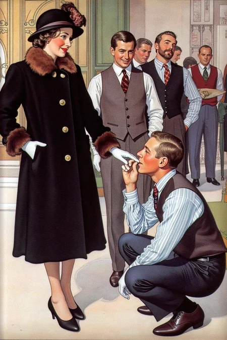 car1ar painting.
On the left, a woman stands, dressed in a stylish, dark coat with a fur-trimmed collar, a matching fur hat, and white gloves. She has a refined, elegant appearance, with her hair styled neatly under the hat. She is looking down at the man.
The man, on the right, is crouching, he is kissing the woman's right hand.
The men are dressed in formal attire from the 1940s, including suits, ties, and vests.
 <lora:car1ar1_cap_d6a3:1.0><lora:825498392521124987:0>